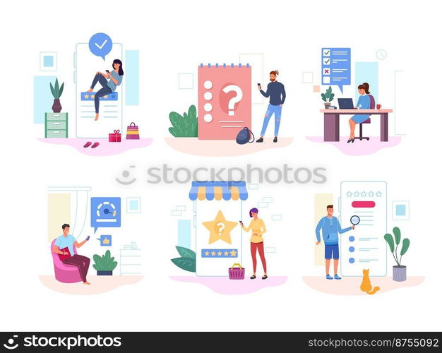 Customer giving feedback. Online survey, chek customers research and decision, client review, people opinion, vote list, set garish flat abstract vector illustration. Survey and feedback satisfaction. Customer giving feedback. Online survey, chek customers research and decision, client review, people opinion, vote list, set garish flat abstract vector illustration