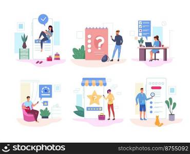 Customer giving feedback. Online survey, chek customers research and decision, client review, people opinion, vote list, set garish flat abstract vector illustration. Survey and feedback satisfaction. Customer giving feedback. Online survey, chek customers research and decision, client review, people opinion, vote list, set garish flat abstract vector illustration