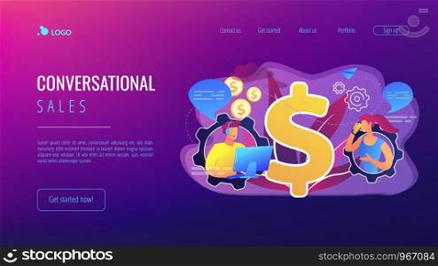Customer has conversation on smartphone with assistant in real-time. Conversational sales, conversational marketing, real-time chatbot sale concept. Website vibrant violet landing web page template.. Conversational sales concept landing page.
