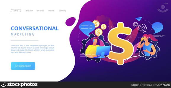 Customer has conversation on smartphone with assistant in real-time. Conversational sales, conversational marketing, real-time chatbot sale concept. Website vibrant violet landing web page template.. Conversational sales concept landing page.