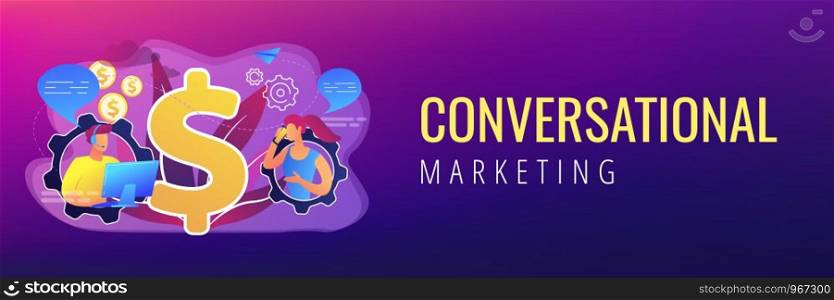 Customer has conversation on smartphone with assistant in real-time. Conversational sales, conversational marketing, real-time chatbot sale concept. Header or footer banner template with copy space.. Conversational sales concept banner header.