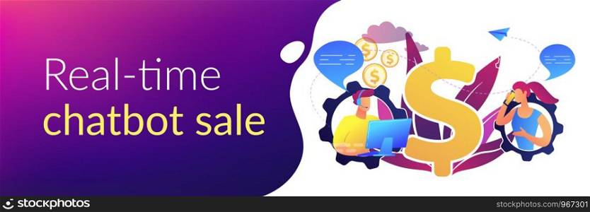 Customer has conversation on smartphone with assistant in real-time. Conversational sales, conversational marketing, real-time chatbot sale concept. Header or footer banner template with copy space.. Conversational sales concept banner header.