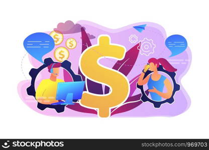 Customer has conversation on smartphone with assistant in real-time. Conversational sales, conversational marketing, real-time chatbot sale concept. Bright vibrant violet vector isolated illustration. Conversational sales concept vector illustration.