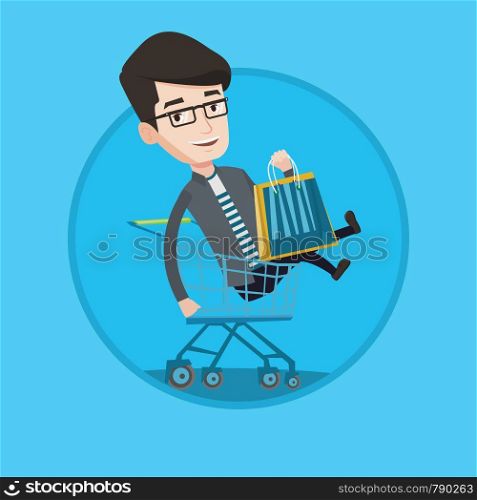 Customer having fun while riding by shopping trolley. Cheerful caucasian man with shopping bags sitting in shopping trolley. Vector flat design illustration in the circle isolated on background.. Happy man riding by shopping trolley.