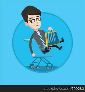 Customer having fun while riding by shopping trolley. Cheerful caucasian man with shopping bags sitting in shopping trolley. Vector flat design illustration in the circle isolated on background.. Happy man riding by shopping trolley.