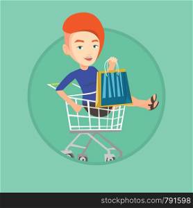 Customer having fun while riding by shopping trolley. Caucasian woman with a lot of shopping bags sitting in shopping trolley. Vector flat design illustration in the circle isolated on background.. Happy woman riding by shopping trolley.