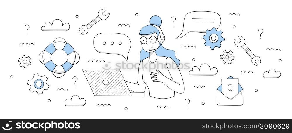 Customer help and support service background. Vector doodle illustration of call center and hotline with girl operator in headset, laptop, message with question, lifebuoy and gears. Customer help and support service background