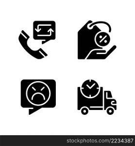 Customer help black glyph icons set on white space. Electronic commerce service. Delivery time. Customer negative review. Silhouette symbols. Solid pictogram pack. Vector isolated illustration. Customer help black glyph icons set on white space