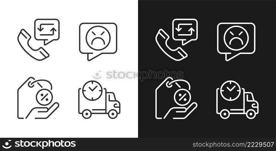 Customer help pixel perfect linear icons set for dark, light mode. Electronic commerce. Customer negative review. Thin line symbols for night, day theme. Isolated illustrations. Editable stroke. Customer help pixel perfect linear icons set for dark, light mode