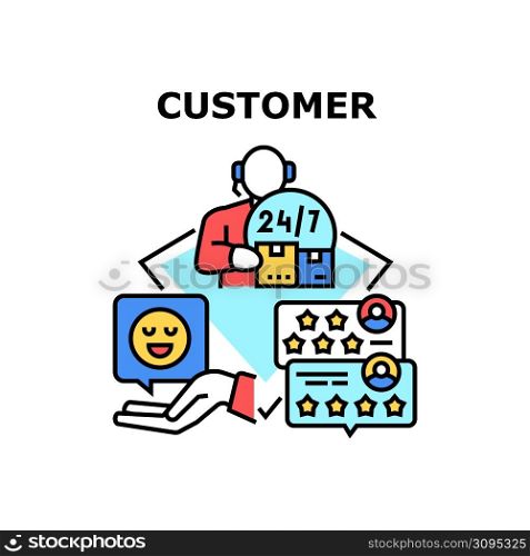 Customer Help Vector Icon Concept. Customer Help Around Clock And Online Consultation, Client Feedback And Review Of Product And Service. Call Center Worker Assistance Color Illustration. Customer Help Vector Concept Color Illustration