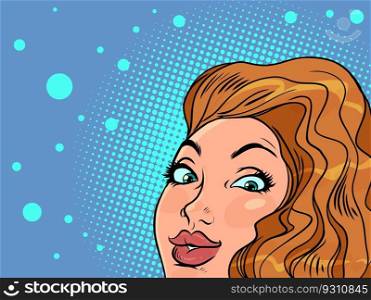 Customer interest in a product or service. Unexpected appearance. A girl with red hair looks up. Comic cartoon pop art retro vector illustration hand drawing. Customer interest in a product or service. Unexpected appearance. A girl with red hair looks up.