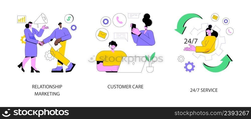 Customer loyalty abstract concept vector illustration set. Relationship marketing, customer care, 24 for 7 service, social media, online tech support, emergency line schedule abstract metaphor.. Customer loyalty abstract concept vector illustrations.