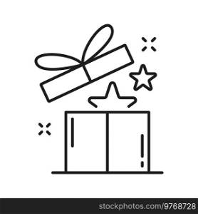 Customer loyalty affiliate program, vector present box outline icon. Consumer reward, client discount concept, online shopping sale bonus. Open gift box with bonus, referral program outline
