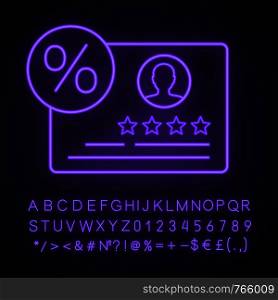 Customer loyalty program neon light icon. Good and excellent reviews percentage. Clients feedback analyzing. Glowing sign with alphabet, numbers and symbols. Vector isolated illustration. Customer loyalty program neon light icon