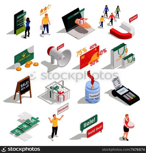 Customer loyalty retention isometric concept icons collection with sixteen isolated images with human characters symbols signs vector illustration