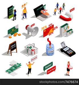 Customer loyalty retention isometric concept icons collection with sixteen isolated images with human characters symbols signs vector illustration