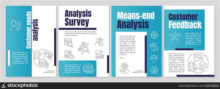 Customer needs analysis blue brochure template. Marketing strategy. Leaflet design with linear icons. 4 vector layouts for presentation, annual reports. Anton, Lato-Regular fonts used. Customer needs analysis blue brochure template