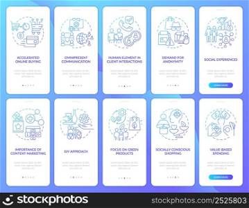 Customer needs blue gradient onboarding mobile app screen set. Walkthrough 5 steps graphic instructions pages with linear concepts. UI, UX, GUI template. Myriad Pro-Bold, Regular fonts used. Customer needs blue gradient onboarding mobile app screen set