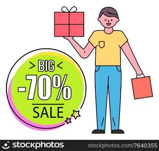 Customer of shop holding gift in hands vector, isolated banner with discounts for shoppers. Male character with present and paper bag. Big offer 70 percent reduction off price at cheap market. Big Sale 70 Percent Discount Banner with Client