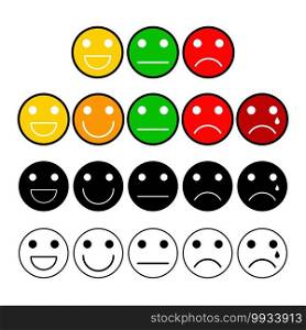 Customer opinion survey buttons set. Mood grade with emoji face. Client satisfaction measurement scale icons. Vector illustration isolated on white background.