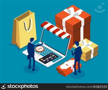 Customer order and buy on laptop screen. Isometric online shopping concept