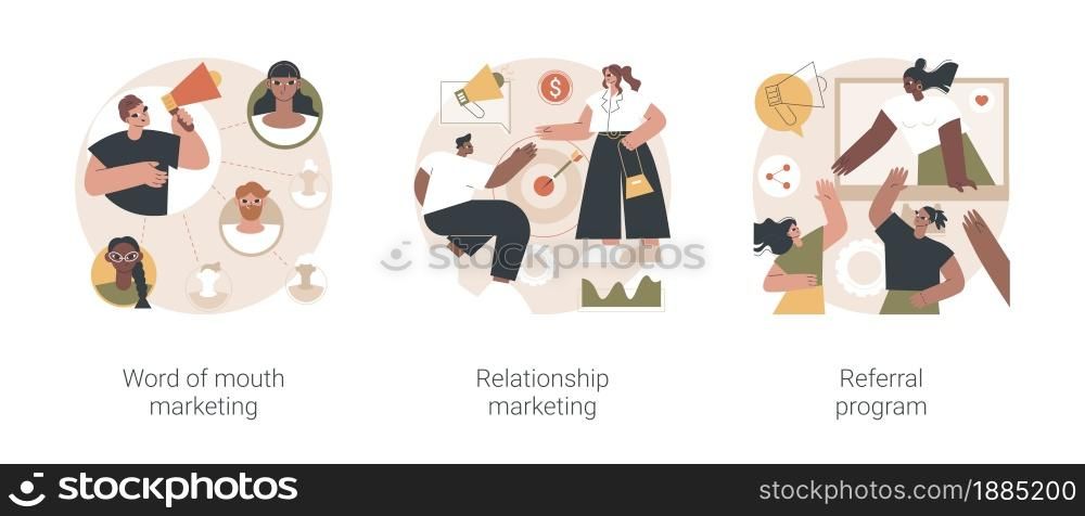 Customer oriented marketing strategy abstract concept vector illustration set. Word of mouth, relationship marketing, referral program, recommendation, brand loyalty, social media abstract metaphor.. Customer oriented marketing strategy abstract concept vector illustrations.