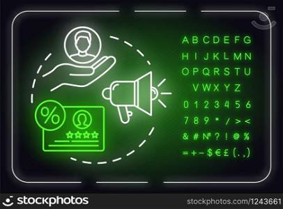 Customer perspective neon light concept icon. Potential clients. CRM system. Share growth idea. Outer glowing sign with alphabet, numbers and symbols. Vector isolated RGB color illustration