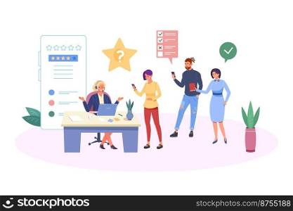 Customer queue at support manager. Clients complaint on call, questions ask for consulting specialist, online review, vector illustration. Client customer at support service queue. Customer queue at support manager. Clients complaint on call, questions ask for consulting specialist, online review, vector illustration