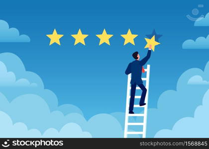 Customer rating. Businessman stands on ladder and gives 5 star, customer feedback. Positive review evaluation system vector concept. Businessman success review, rating service customer illustration. Customer rating. Businessman stands on ladder and gives 5 star, customer feedback. Positive review evaluation system vector concept