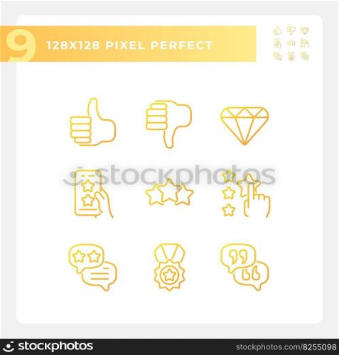 Customer rating pixel perfect gradient linear vector icons set. Client feedback about product. Business ranking. Thin line contour symbol designs bundle. Isolated outline illustrations collection. Customer rating pixel perfect gradient linear vector icons set