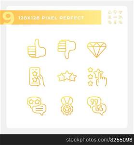 Customer rating pixel perfect gradient linear vector icons set. Client feedback about product. Business ranking. Thin line contour symbol designs bundle. Isolated outline illustrations collection. Customer rating pixel perfect gradient linear vector icons set