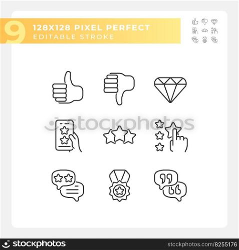 Customer rating pixel perfect linear icons set. Client feedback about product usage. Business ranking process. Customizable thin line symbols. Isolated vector outline illustrations. Editable stroke. Customer rating pixel perfect linear icons set