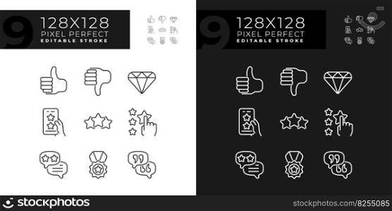 Customer rating pixel perfect linear icons set for dark, light mode. Client feedback about product usage. Thin line symbols for night, day theme. Isolated illustrations. Editable stroke. Customer rating pixel perfect linear icons set for dark, light mode