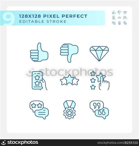 Customer rating pixel perfect RGB color icons set. Client feedback about product usage. Business ranking process. Isolated vector illustrations. Simple filled line drawings collection. Editable stroke. Customer rating pixel perfect RGB color icons set
