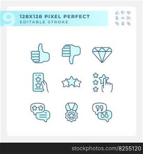 Customer rating pixel perfect RGB color icons set. Client feedback about product usage. Business ranking process. Isolated vector illustrations. Simple filled line drawings collection. Editable stroke. Customer rating pixel perfect RGB color icons set
