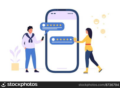 Customer rating. Woman and man giving positive feedback for service. Characters showing satisfaction and evaluating mobile application. People filling survey or report vector illustration. Customer rating. Woman and man giving positive feedback for service. Characters showing satisfaction