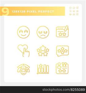 Customer reaction on content pixel perfect gradient linear vector icons set. Evaluation of service. Experience share. Thin line contour symbol designs bundle. Isolated outline illustrations collection. Customer reaction on content pixel perfect gradient linear vector icons set