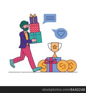 Customer receiving gifts in bonus program flat vector illustration. Sales promotion action in online store for people. Loyalty program and get rewards concept.