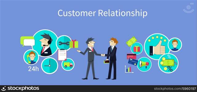 Customer relationship concept design. Customer relationship management, customer service, crm, management business, service and marketing, communication and support illustration
