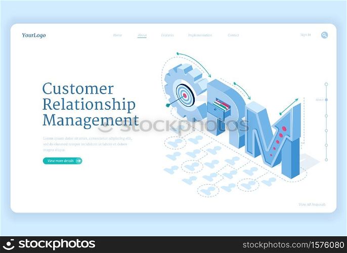 Customer relationship management banner. Marketing strategies and technologies for manage and development client interactions. Vector landing page of CRM with isometric illustration. Customer relationship management banner