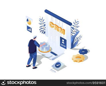 Customer relationship management concept 3d isometric web scene. People using CRM tools for planning strategy, data analyzing, working with database. Vector illustration in isometry graphic design