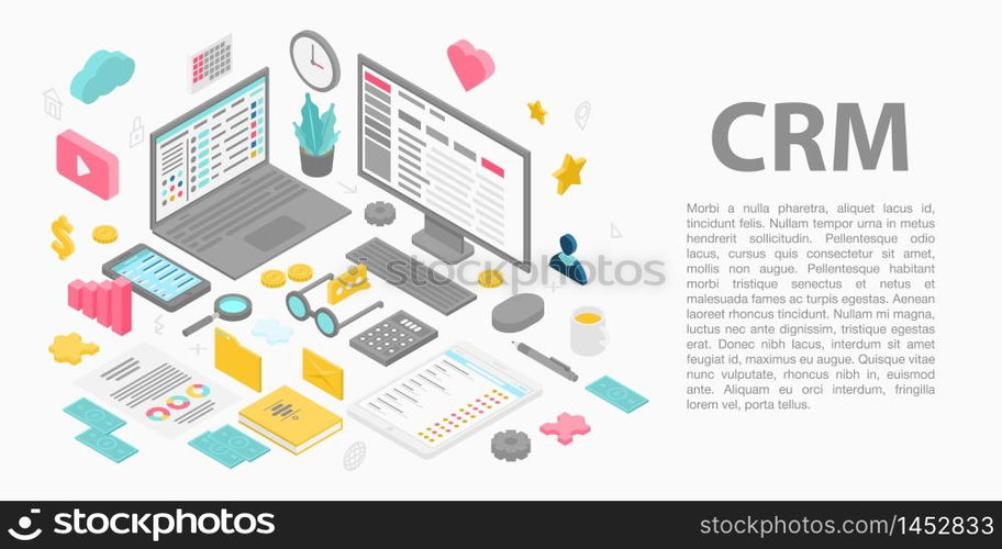 Customer relationship management concept banner. Isometric illustration of customer relationship management vector concept banner for web design. Customer relationship management concept banner, isometric style