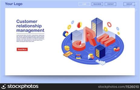Customer relationship management database isometric landing page template. CRM hosting website interface. Client data server webpage. Digital technology in business and marketing automation 3d concept