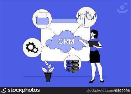 Customer relationship management web concept with character scene in flat design. People using CRM tools for planning strategy and working. Vector illustration for social media marketing material.
