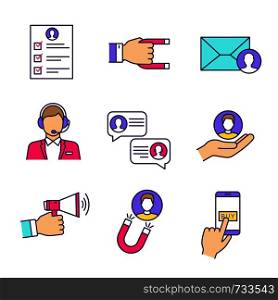 Customer retention and loyalty color icons set. Survey, client attraction, target mailing, call center, support chat, customer service, advertising, pay per click. Isolated vector illustrations. Customer retention and loyalty color icons set
