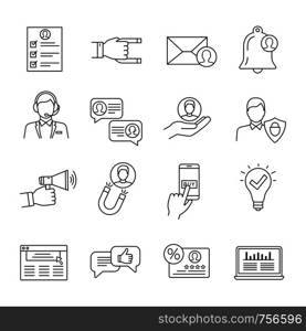 Customer retention and loyalty linear icons set. Clients care service. Customers attraction. Increasing involvement, participation and membership. Isolated vector outline illustration. Editable stroke. Customer retention and loyalty linear icons set