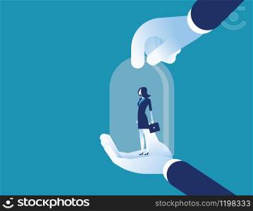 Customer retention. Manager holding a client in hand cover covers a glass bulb. Concept business vector illustration.