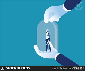 Customer retention. Manager holding a client in hand cover covers a glass bulb. Concept business technology vector illustration.