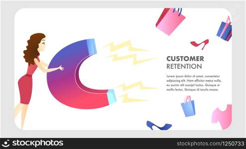 Customer Retention Website Vector Color Template. Business Development. Marketing Campaign, Advertising Illustration. Customer Attraction. Target ad Strategy. Companys Client Service Web Banner. Customer retention website vector color template