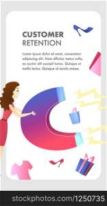 Customer Retention Website Vector Color Template. Customer Attraction. Target ad Strategy. Business Development. Marketing Campaign, Advertising Flat Illustration. Companys Client Service Web Banner. Customer retention website vector color template